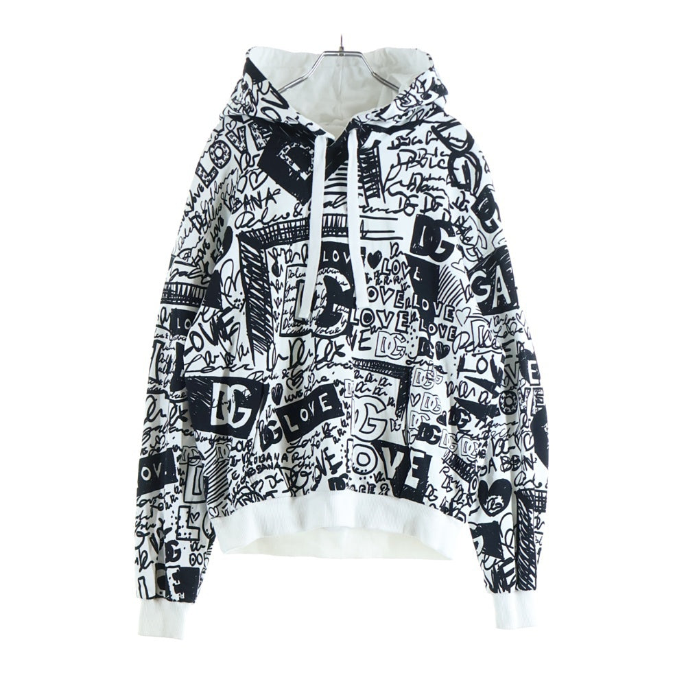 DOLCE & GABBANA(ドルチェアンドガッバーナ) FLOCKED GRAFFITIPRINT Hoodie 総柄ロゴ グラフィティプリント スウェットプルオーバーパーカー ブラック/ホワイト JZG9YV5T G7L8KB