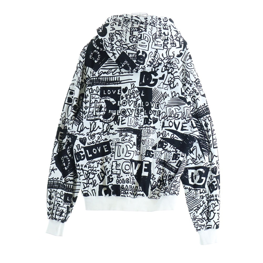 DOLCE & GABBANA(ドルチェアンドガッバーナ) FLOCKED GRAFFITIPRINT Hoodie 総柄ロゴ グラフィティプリント スウェットプルオーバーパーカー ブラック/ホワイト JZG9YV5T G7L8KB
