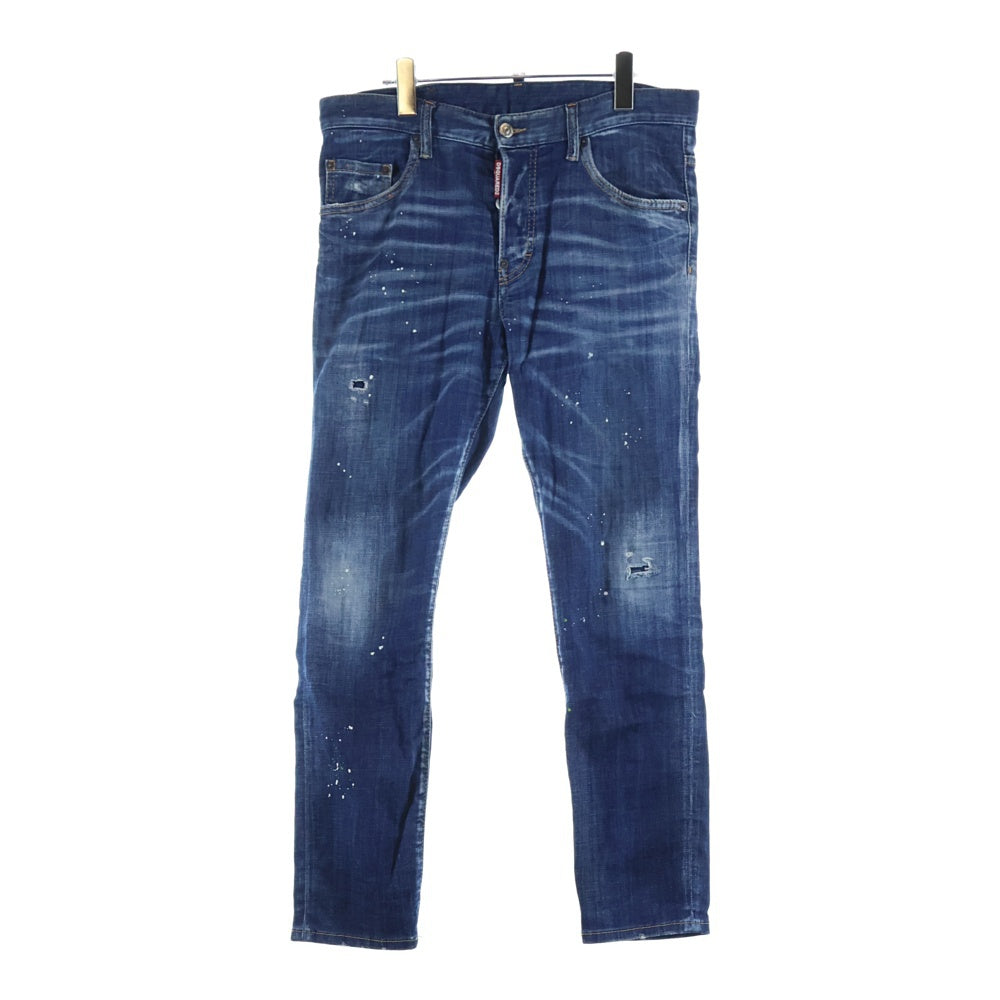 DSQUARED2(ディースクエアード) ペイント加工 ボタンフライ ストレートデニムパンツ インディゴ S74LB1274 S30342