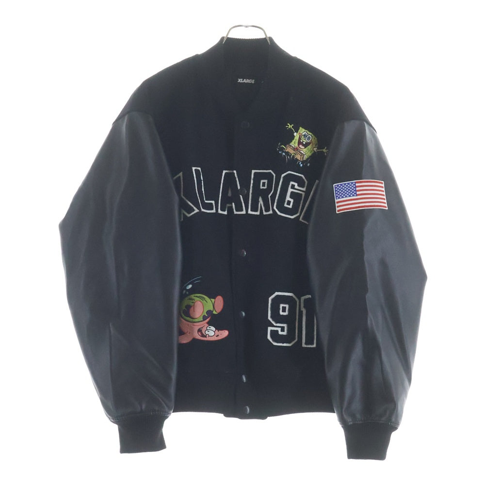 X-LARGE(エクストララージ) 25SS ×Spongebob Varsity Jacket Black ×スポンジボブ カレッジロゴワッペン ウール切替ヴァーシティージャケット ブラック 101251021012