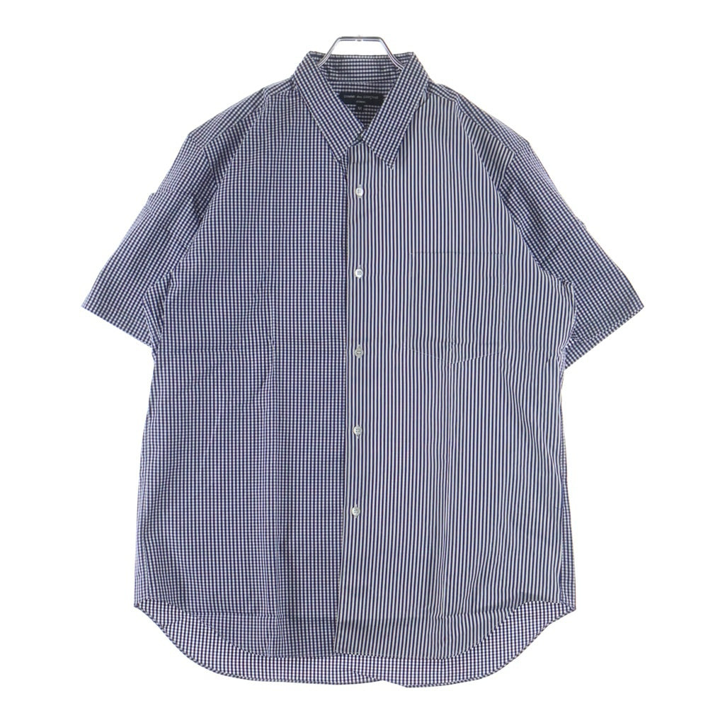 COMME des GARCONS HOMME(コムデギャルソンオム) 07SS チェック切り替えストライプデザイン ボタンダウン半袖コットンシャツ ブルー HS-B040