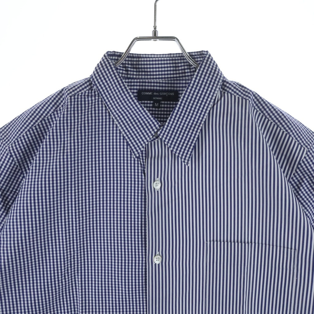 COMME des GARCONS HOMME(コムデギャルソンオム) 07SS チェック切り替えストライプデザイン ボタンダウン半袖コットンシャツ ブルー HS-B040
