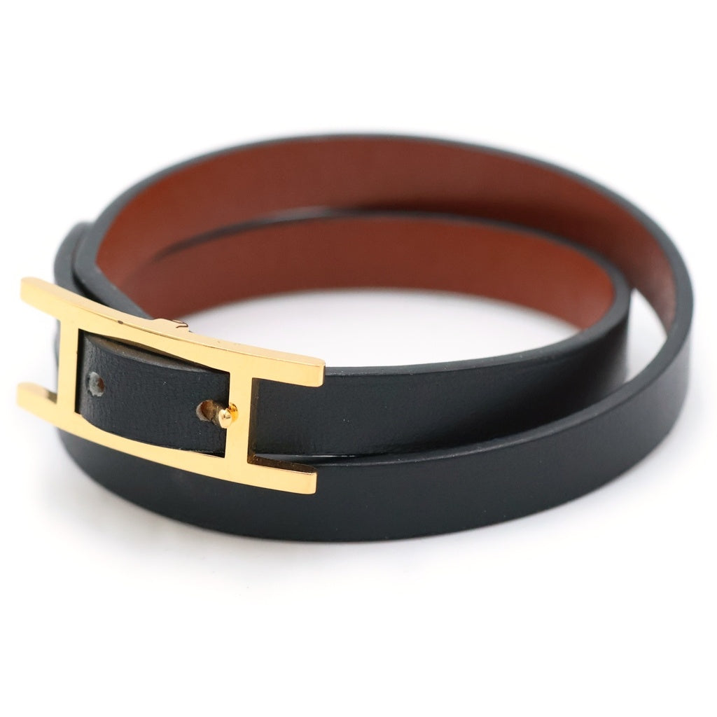 HERMES(エルメス) ビーアピ ドゥブルトゥール レザーブレスレット ブラック/ゴールド レディース