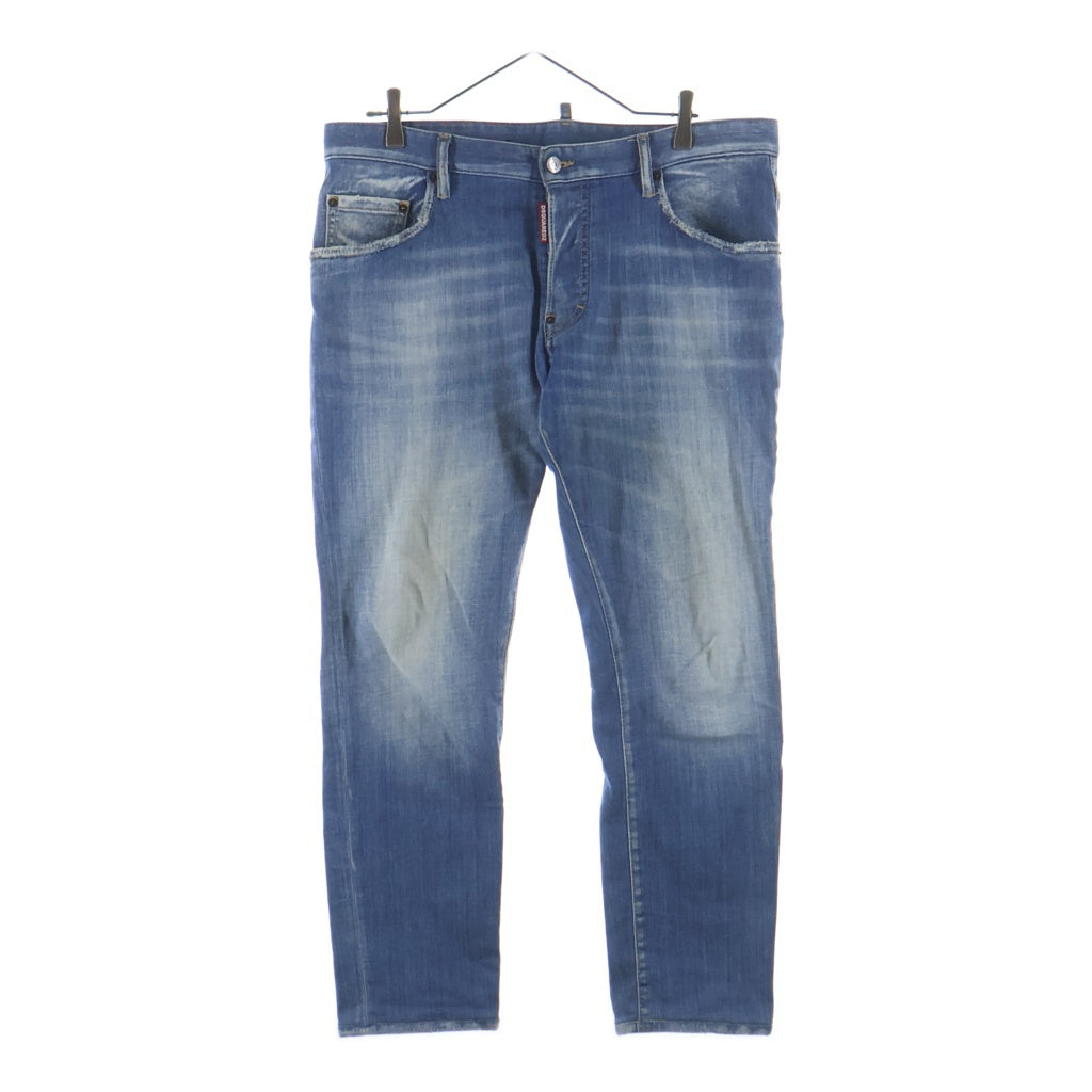 DSQUARED2(ディースクエアード) ロゴパッチ ウォッシュド加工 ボタンフライ スキニーパンツ デニム インディゴ S74LB1276 S30342