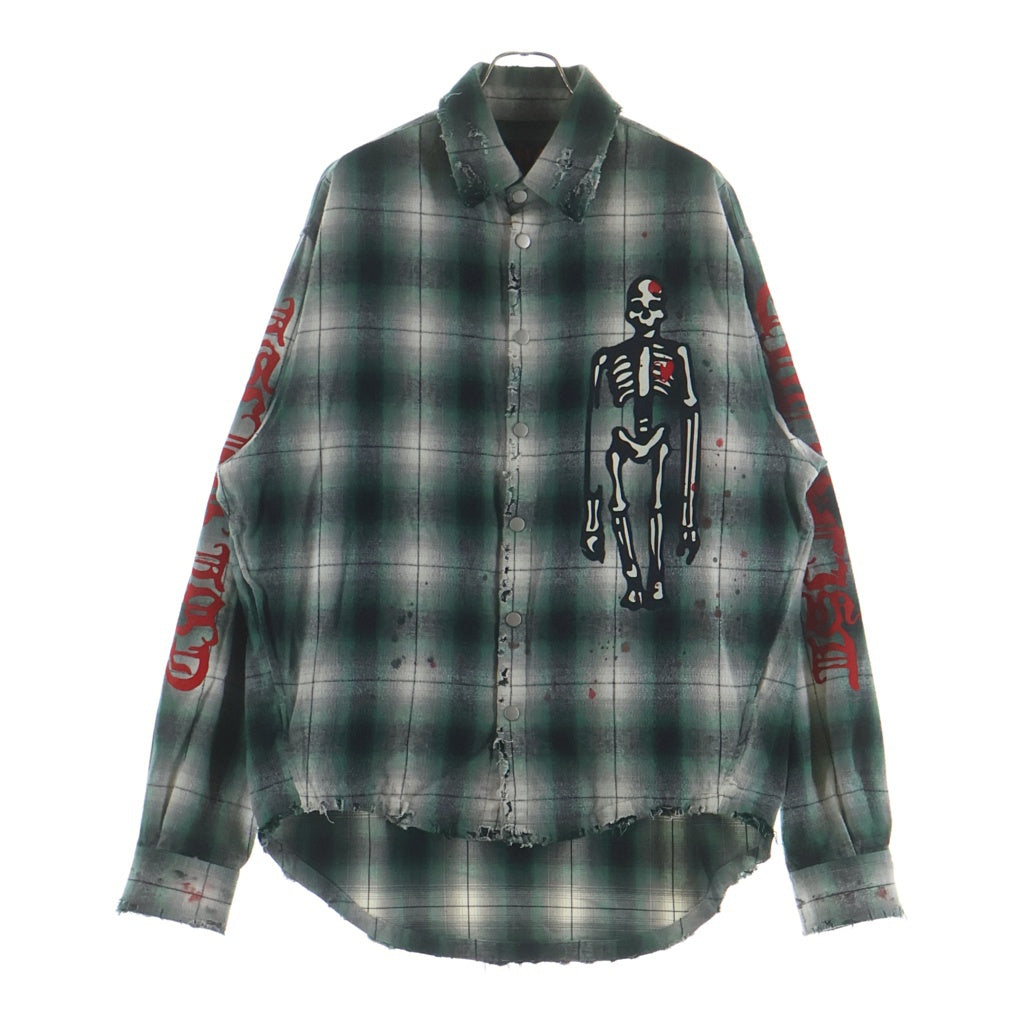 cvtvlist(カタリスト) SKULL CHECK SHIRT スカルプリント デストロイ加工 コットンチェック長袖シャツ グリーン 2401100201