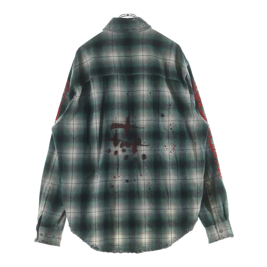 cvtvlist(カタリスト) SKULL CHECK SHIRT スカルプリント デストロイ加工 コットンチェック長袖シャツ グリーン 2401100201