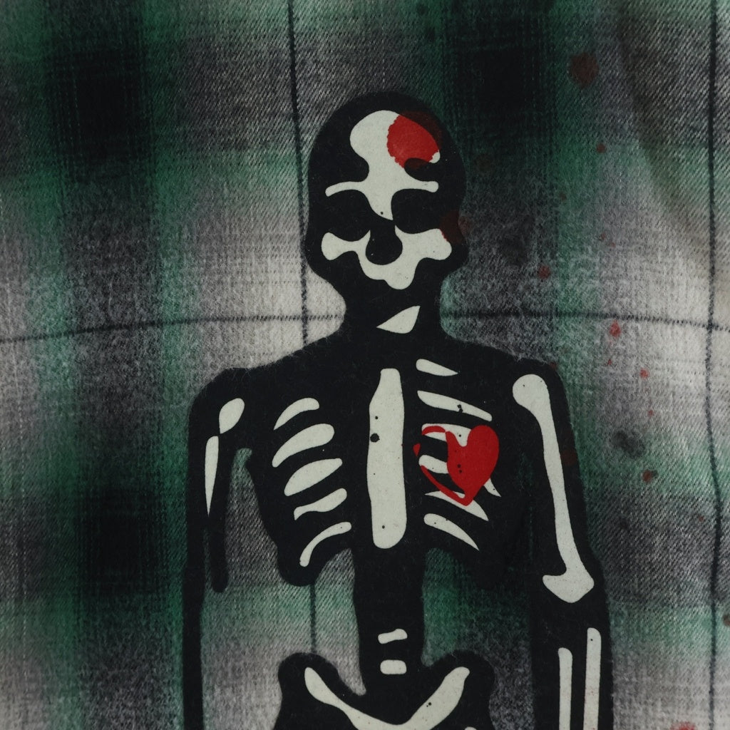 cvtvlist(カタリスト) SKULL CHECK SHIRT スカルプリント デストロイ加工 コットンチェック長袖シャツ グリーン 2401100201