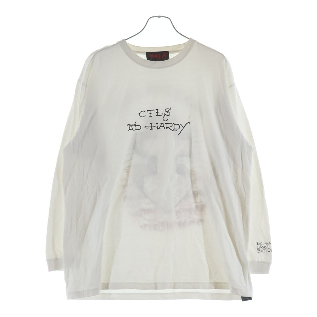 cvtvlist(カタリスト) ×Ed Hardy ×エドハーディー 両面プリントクルーネック長袖Tシャツカットソー ホワイト 210111EH06
