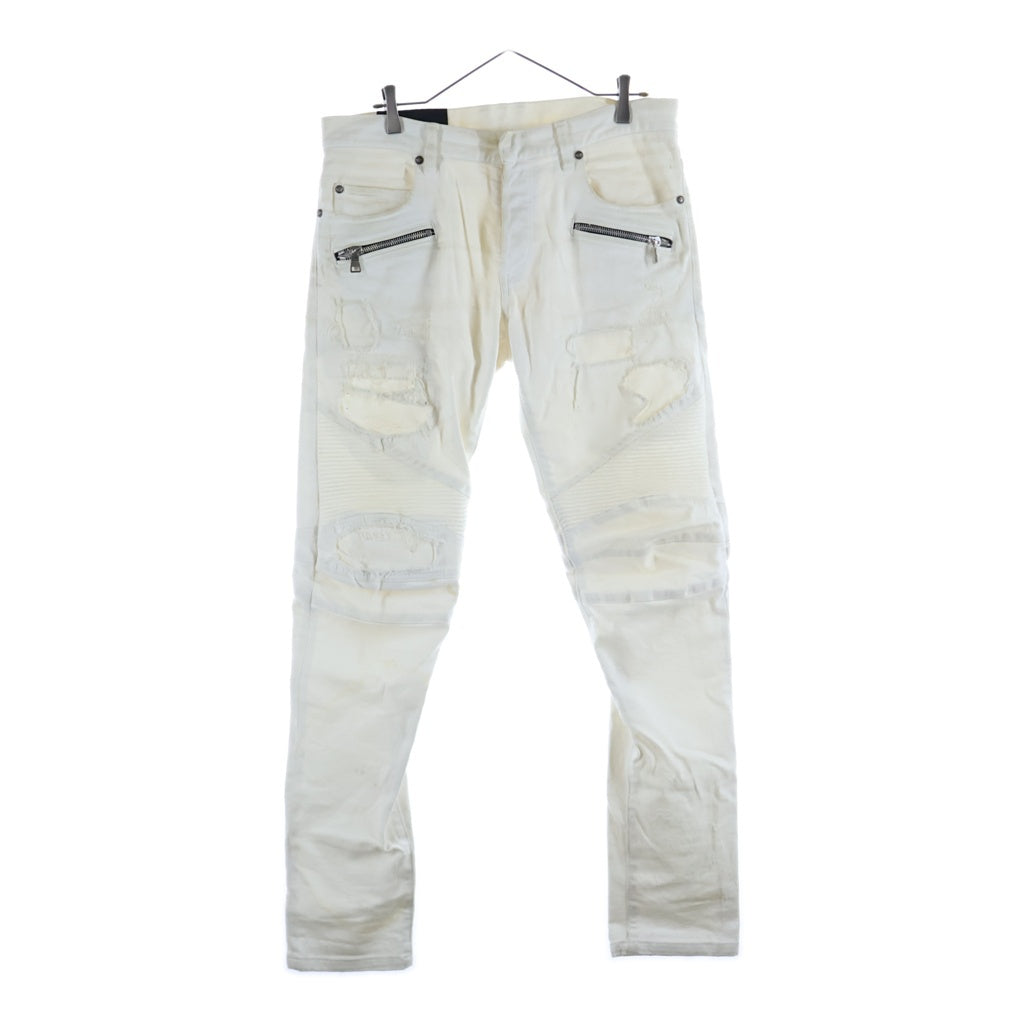 BALMAIN(バルマン) ダメージ加工 バイカーボタンフライスキニーデニムパンツ ホワイト SH05336Z161