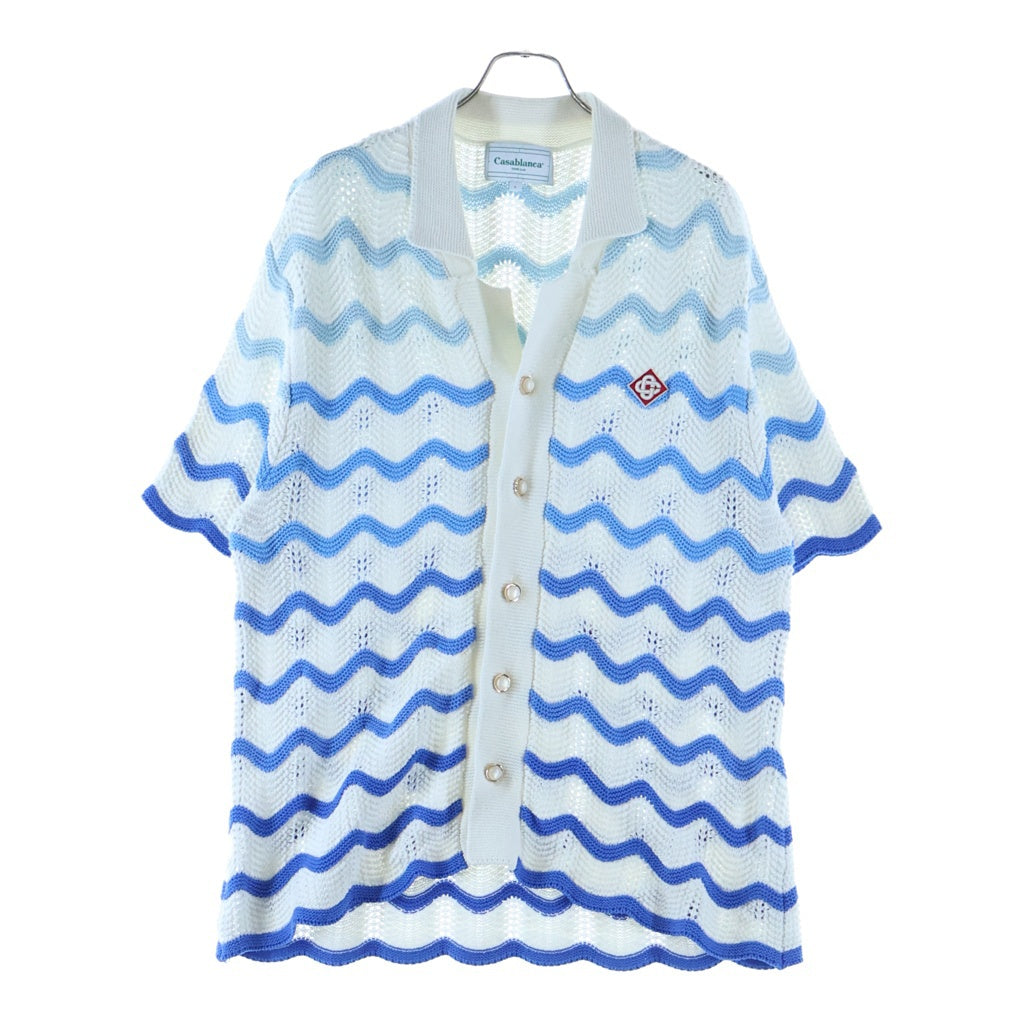 CASABLANCA(カサブランカ) WAVY GRADIENT CROCHET SHIRT パールボタン コットン半袖ニットシャツ ブルー/ホワイト CASABLANCA24SP-6