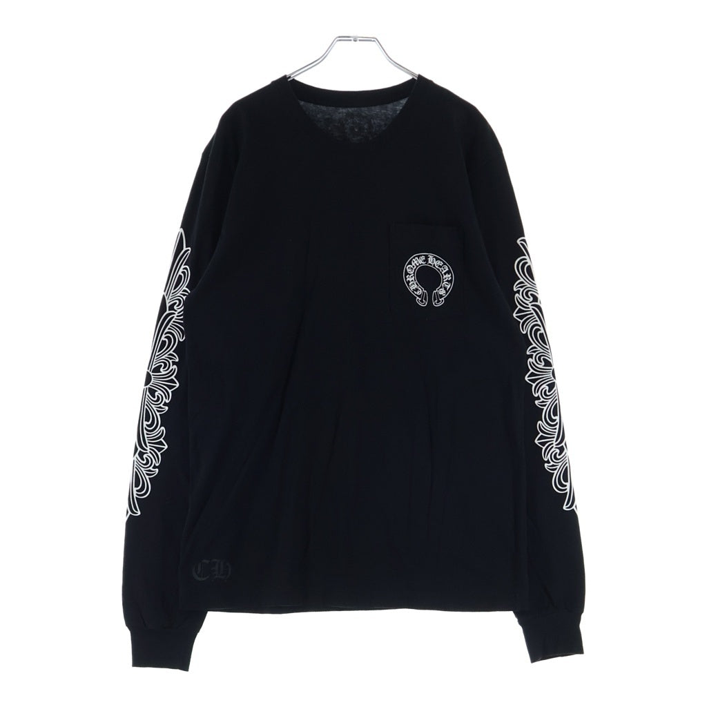 CHROME HEARTS(クロムハーツ) HORSESHOE L/S TEE バックホースシュー アームフローラル クルーネック長袖Tシャツカットソー ブラック
