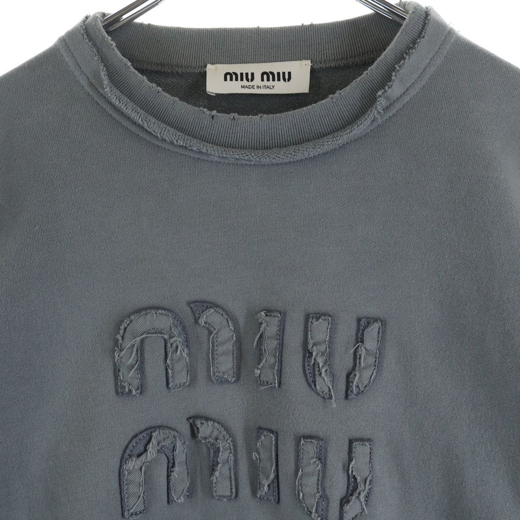 miumiu(ミュウミュウ) 23SS Cropped Sweatshirt ダメージ加工 クロップド クルーネックスウェットトレーナー グレー レディース MJL911