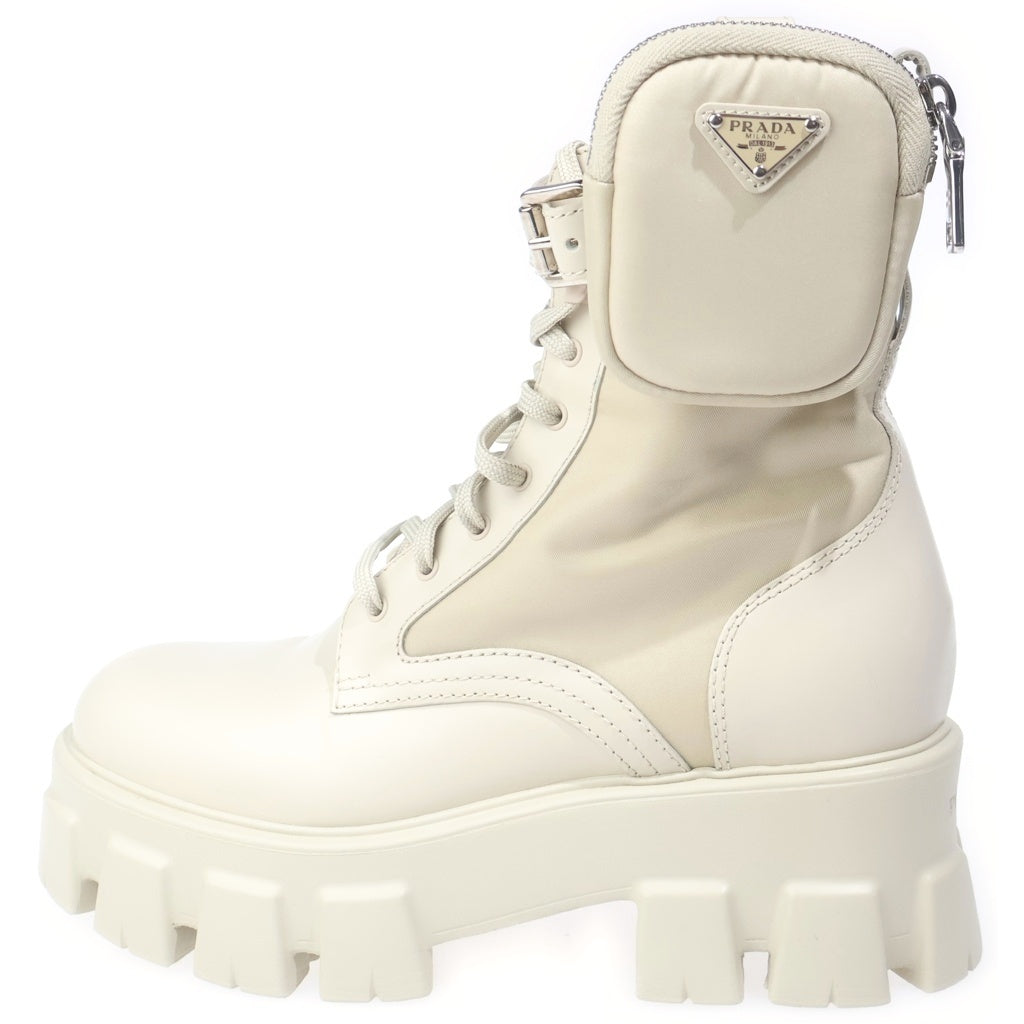 PRADA(プラダ) Re-Nylon リナイロン トライアングルロゴ ポーチ装飾レザーショートブーツ ベージュ レディース
