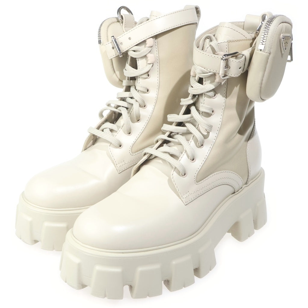 PRADA(プラダ) Re-Nylon リナイロン トライアングルロゴ ポーチ装飾レザーショートブーツ ベージュ レディース
