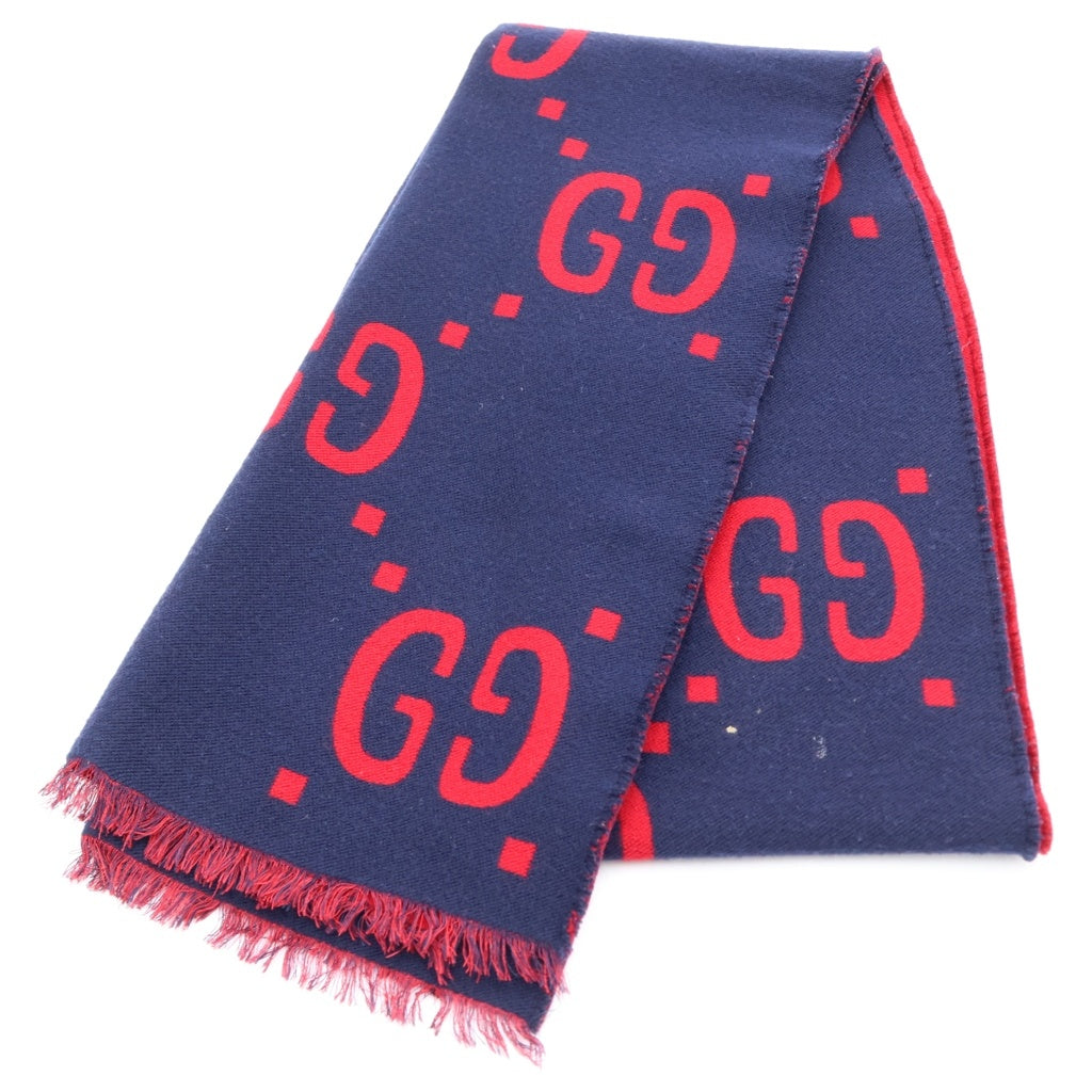 GUCCI(グッチ) ジャンボGGロゴ シルク混スカーフマフラー ネイビー/レッド 495592 4G350 495592 4G350