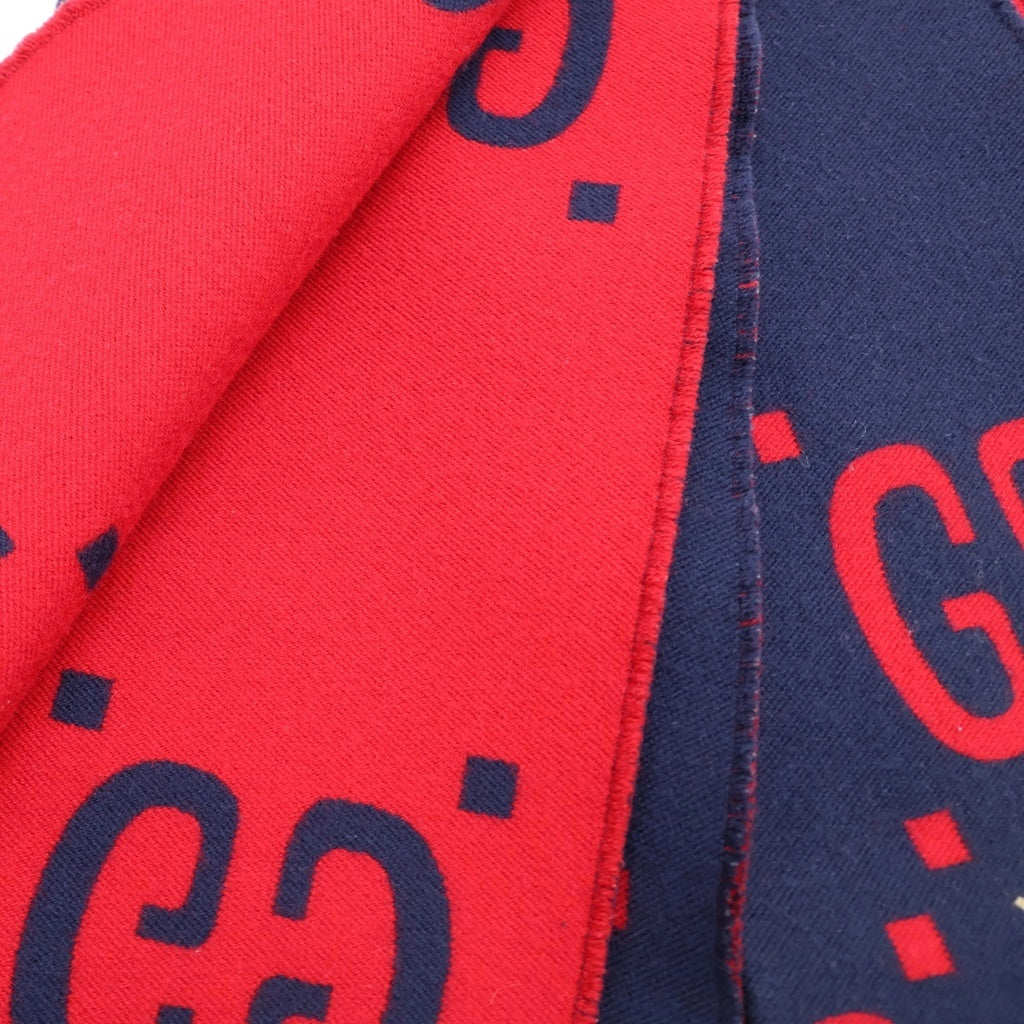 GUCCI(グッチ) ジャンボGGロゴ シルク混スカーフマフラー ネイビー/レッド 495592 4G350 495592 4G350