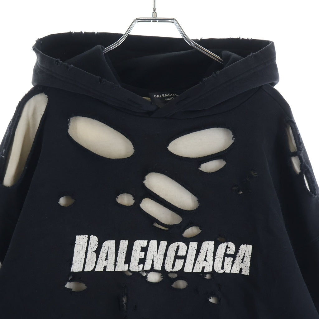 BALENCIAGA(バレンシアガ) 21SS Caps Destroyed Hoodie デストロイ加工 フロントロゴ プルオーバースウェットパーカー ブラック 659403 TKVB6 TKVB