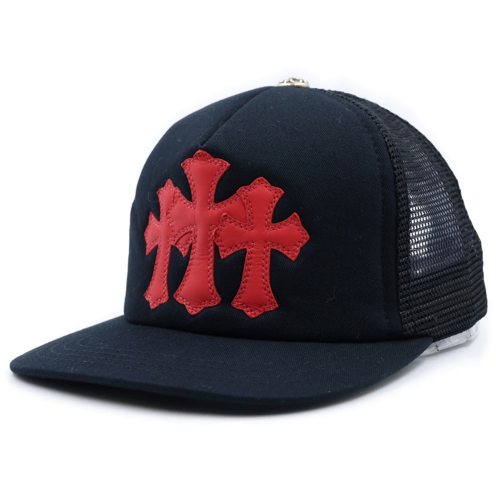 CHROME HEARTS(クロムハーツ) CEMETERY CROSS TRUCKER CAP 3セメタリ‐クロス レザーパッチ トラッカーキャップ 帽子 ブラック/レッド