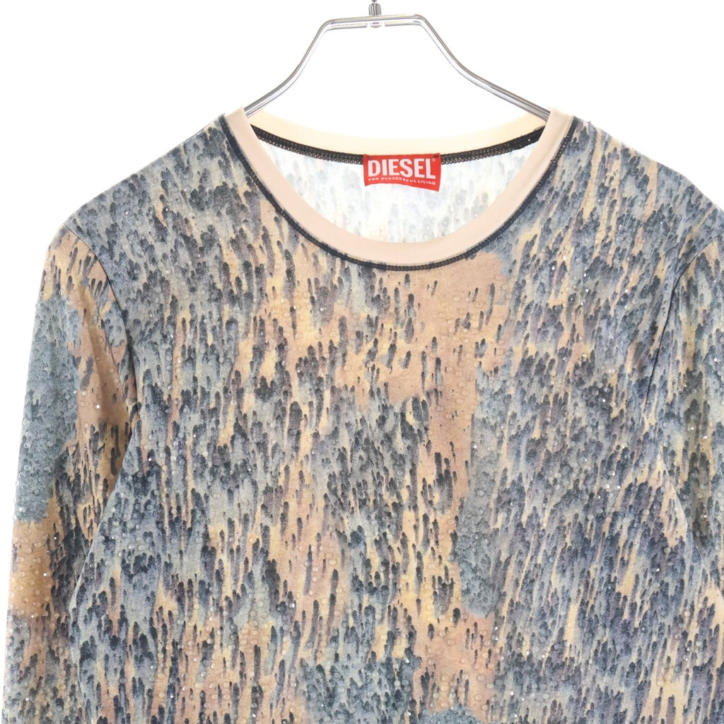 DIESEL(ディーゼル) T-Cutie-LS 総柄ラインストーン クルーネック長袖Tシャツカットソー ブラウン A14595-0KMAQ レディース