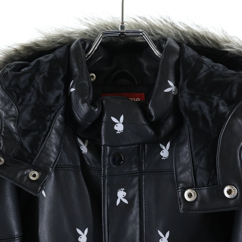 SUPREME(シュプリーム) 15AW Playboy Leather Puffy Jacket プレイボーイ レザーパフィフーディーダウンジャケット ブラック