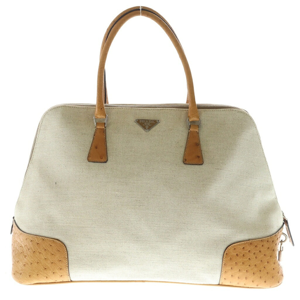 PRADA(プラダ) トライアングルロゴ キャンバス 切り替え ハンドバッグ ベージュ/ブラウン BN0082