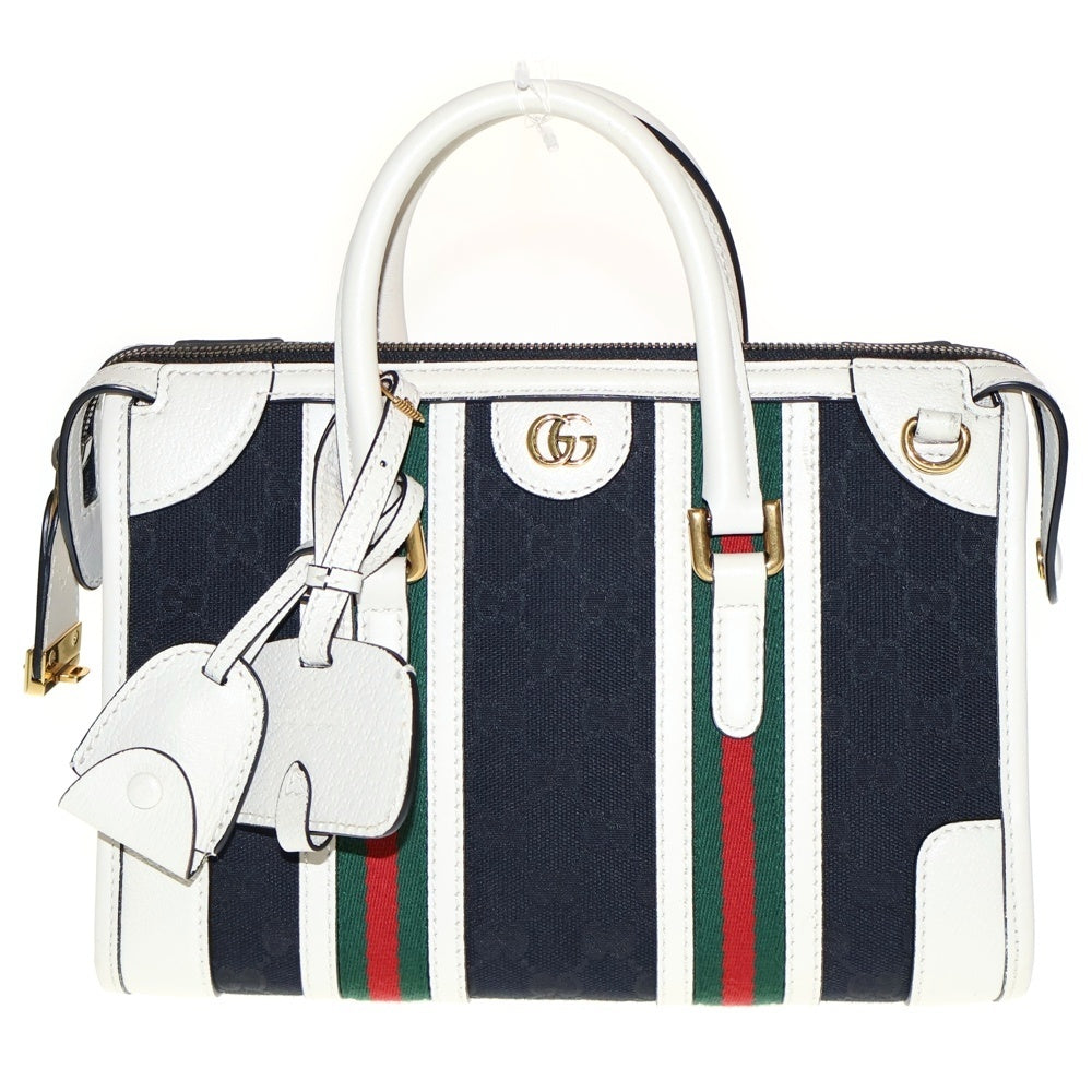 GUCCI(グッチ) ダブルG トップハンドル GGキャンバス 2WAY レザーハンドバッグ ショルダーバッグ ネイビー/ベージュ 715772