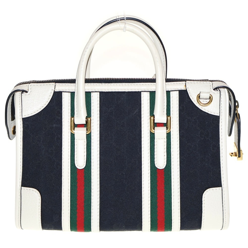 GUCCI(グッチ) ダブルG トップハンドル GGキャンバス 2WAY レザーハンドバッグ ショルダーバッグ ネイビー/ベージュ 715772