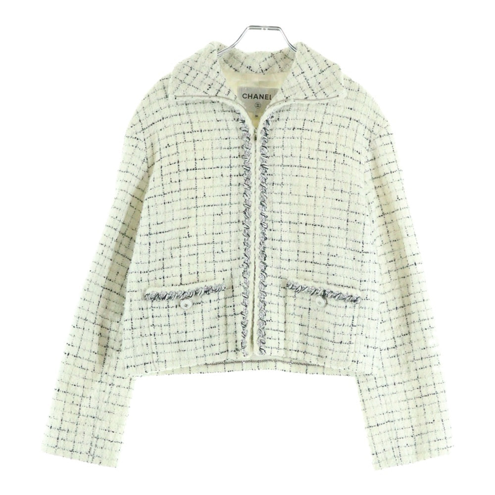 CHANEL(シャネル) ココマーク スパンコール ボタン チェック総柄 ラメツイード ジップアップ ジャケット ホワイト レディース P71201V62807