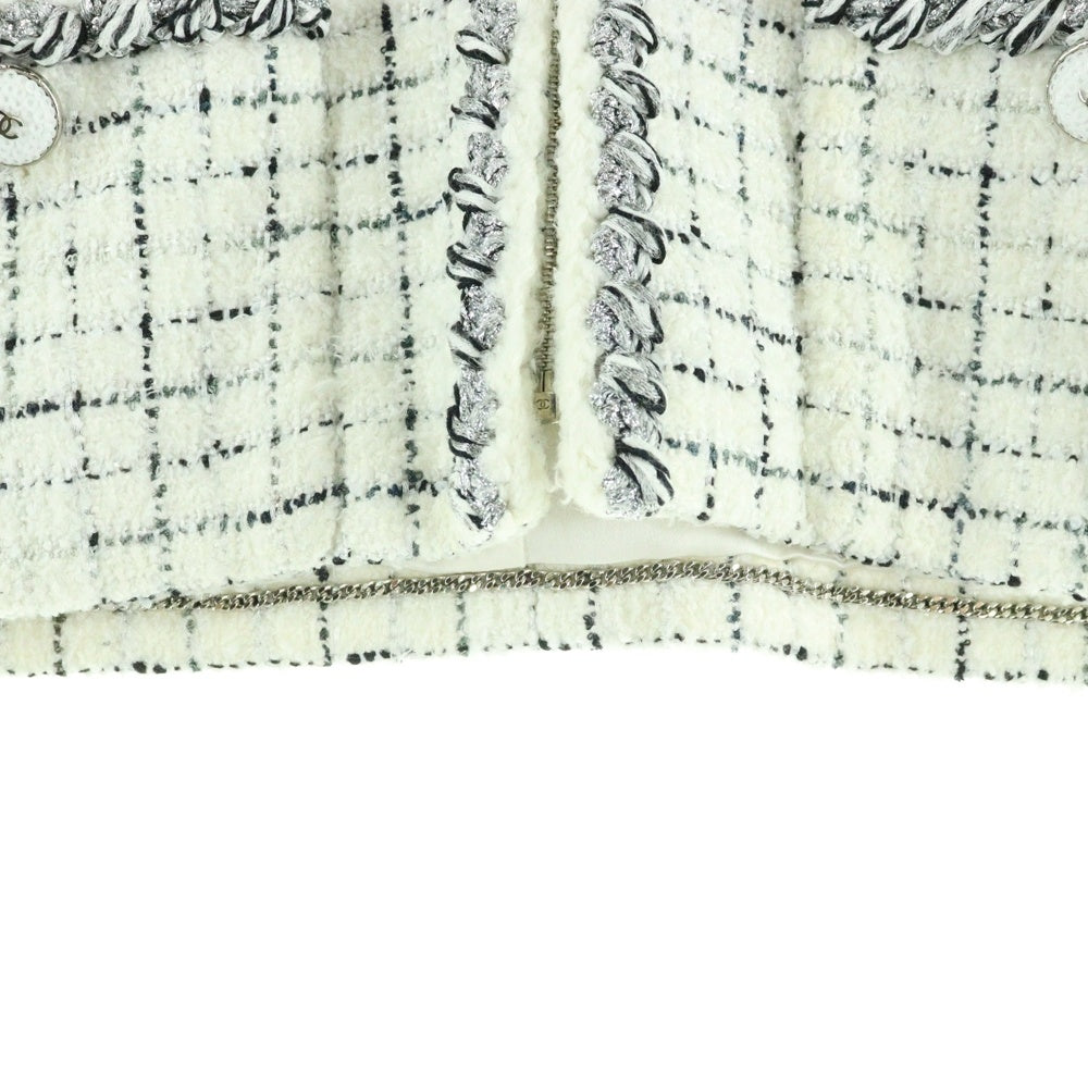 CHANEL(シャネル) ココマーク スパンコール ボタン チェック総柄 ラメツイード ジップアップ ジャケット ホワイト レディース P71201V62807