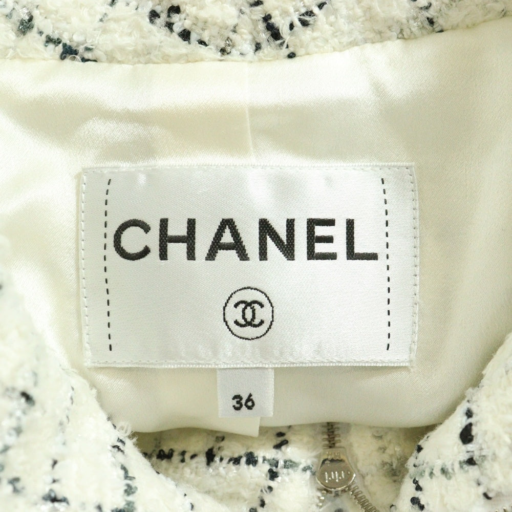 CHANEL(シャネル) ココマーク スパンコール ボタン チェック総柄 ラメツイード ジップアップ ジャケット ホワイト レディース P71201V62807