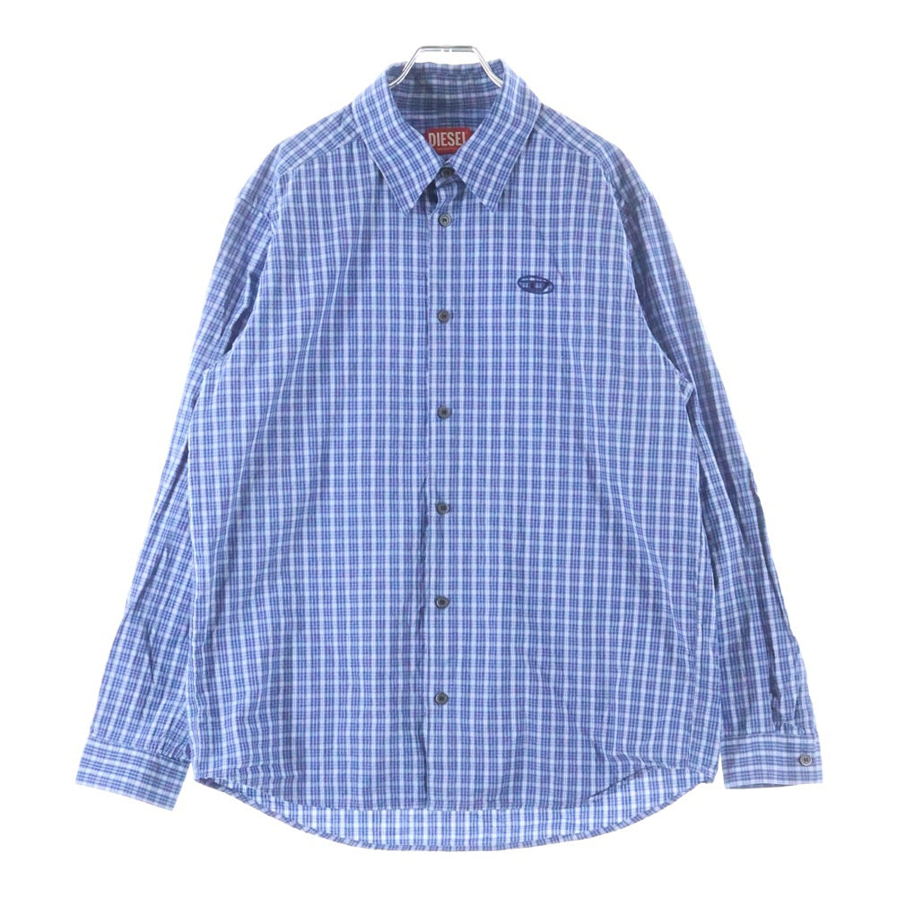 DIESEL(ディーゼル) S-SIMPLY-DLBV Dロゴ刺繍 チェック総柄 コットン長袖シャツ ブルー 0DLBV
