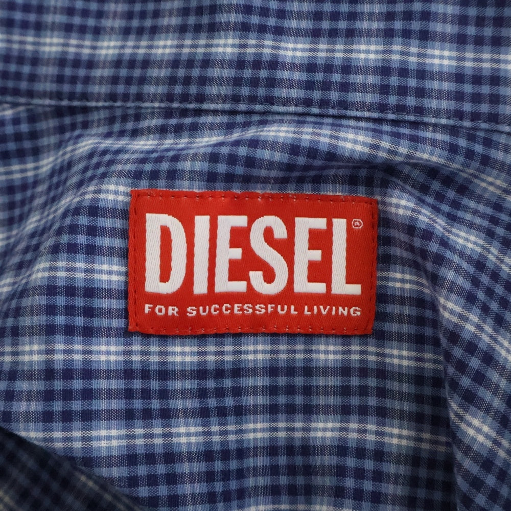DIESEL(ディーゼル) S-SIMPLY-DLBV Dロゴ刺繍 チェック総柄 コットン長袖シャツ ブルー 0DLBV