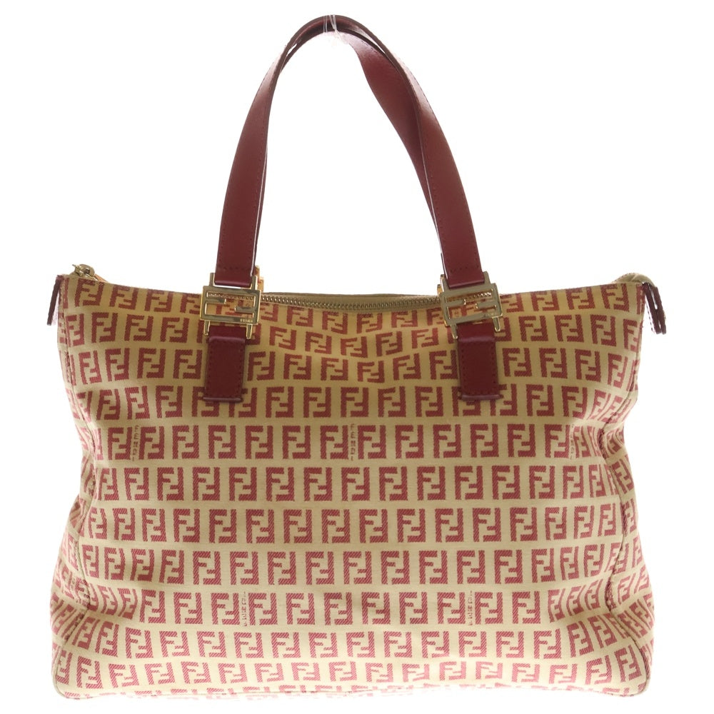 FENDI(フェンディ) ズッキーノ トートバッグ ハンドバッグ ベージュ×レッド キャンバス ゴールド金具 レディース