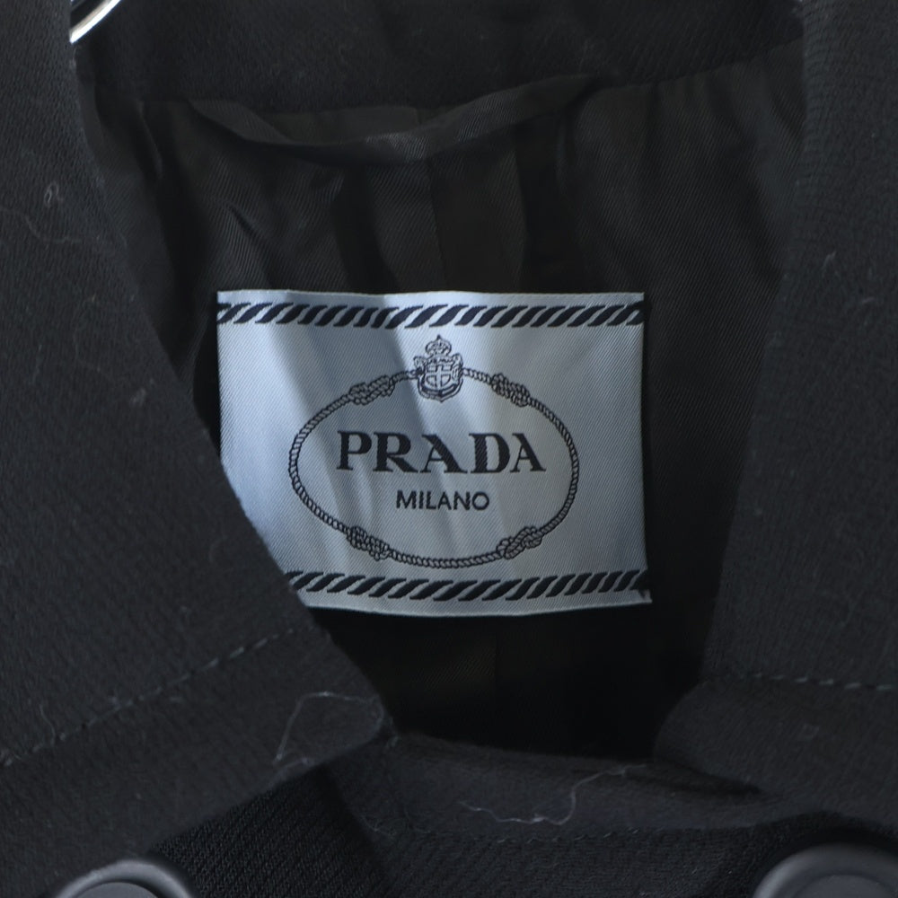 PRADA(プラダ) ショルダーリボントライアングルロゴ ダブルブレスト ウール チェスターコート ブラック レディース