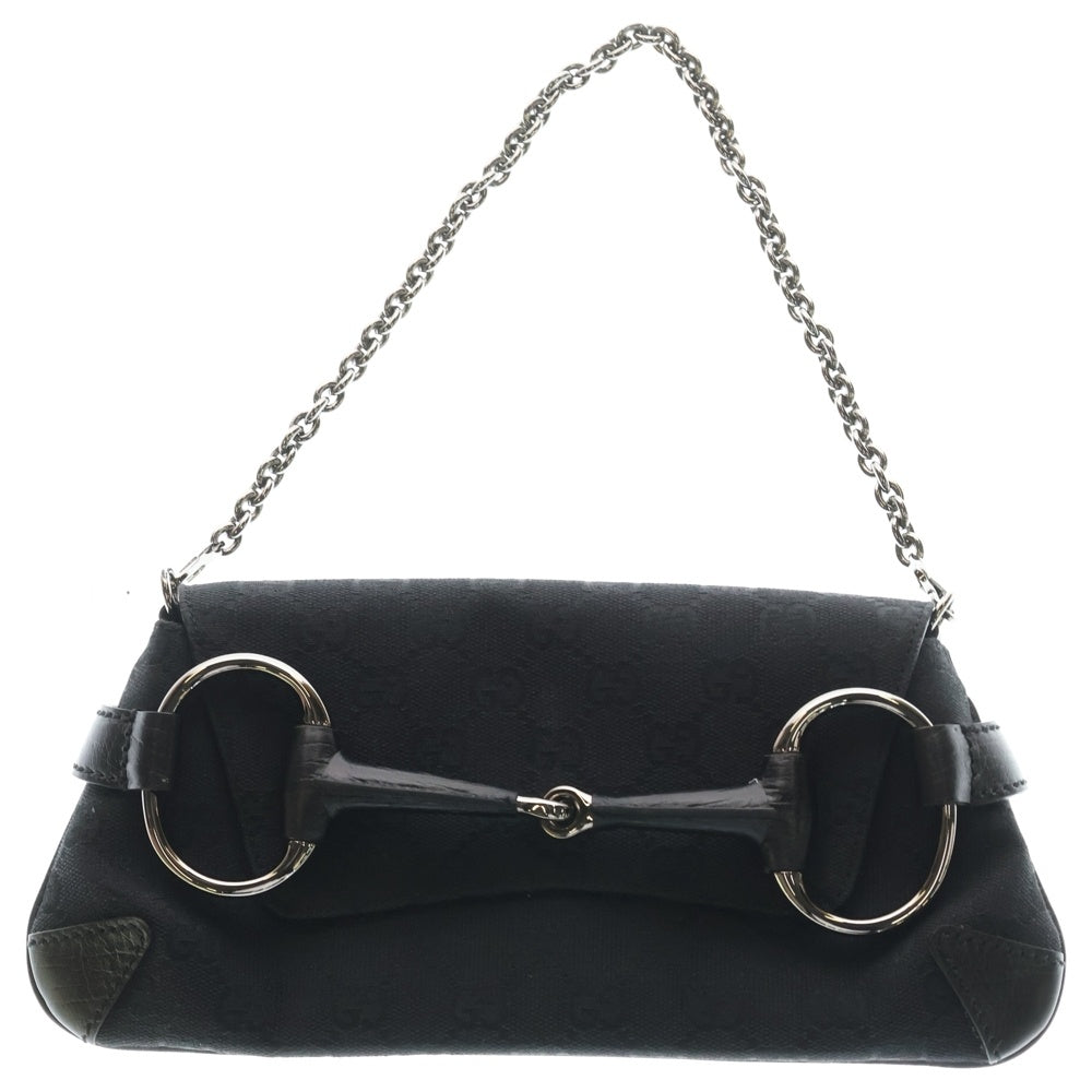 GUCCI(グッチ) GGキャンバス ホースビット キャンバス レザー チェーンハンド ワンショルダーバッグ シルバー金具 ブラック 114923 002122 レディース