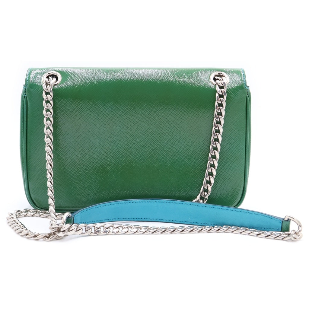 PRADA(プラダ) サフィアーノ ショルダーバッグ チェーンバッグ グリーン×ブルー パテントレザー 1BD147 シルバー金具 レディース