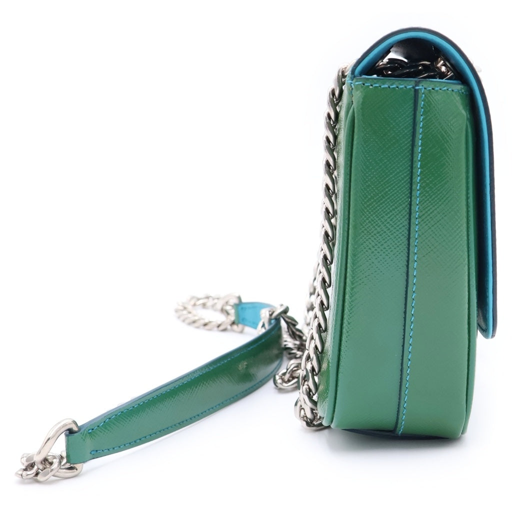 PRADA(プラダ) サフィアーノ ショルダーバッグ チェーンバッグ グリーン×ブルー パテントレザー 1BD147 シルバー金具 レディース