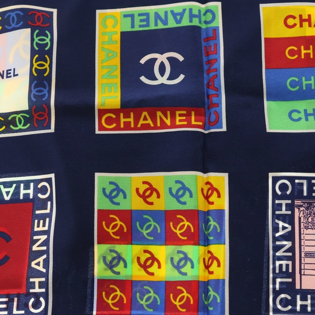 CHANEL(シャネル) ココマーク ロゴ 総柄プリント シルク スカーフ ネイビー レディース