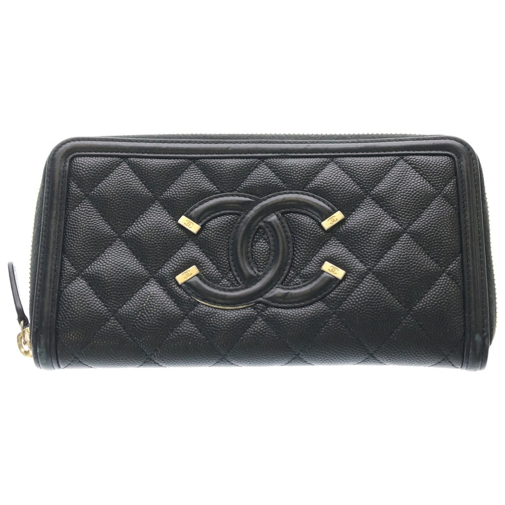 CHANEL(シャネル) CCフィリグリー ラウンドファスナー長財布 ロングウォレット ブラック レザー ゴールド金具 レディース