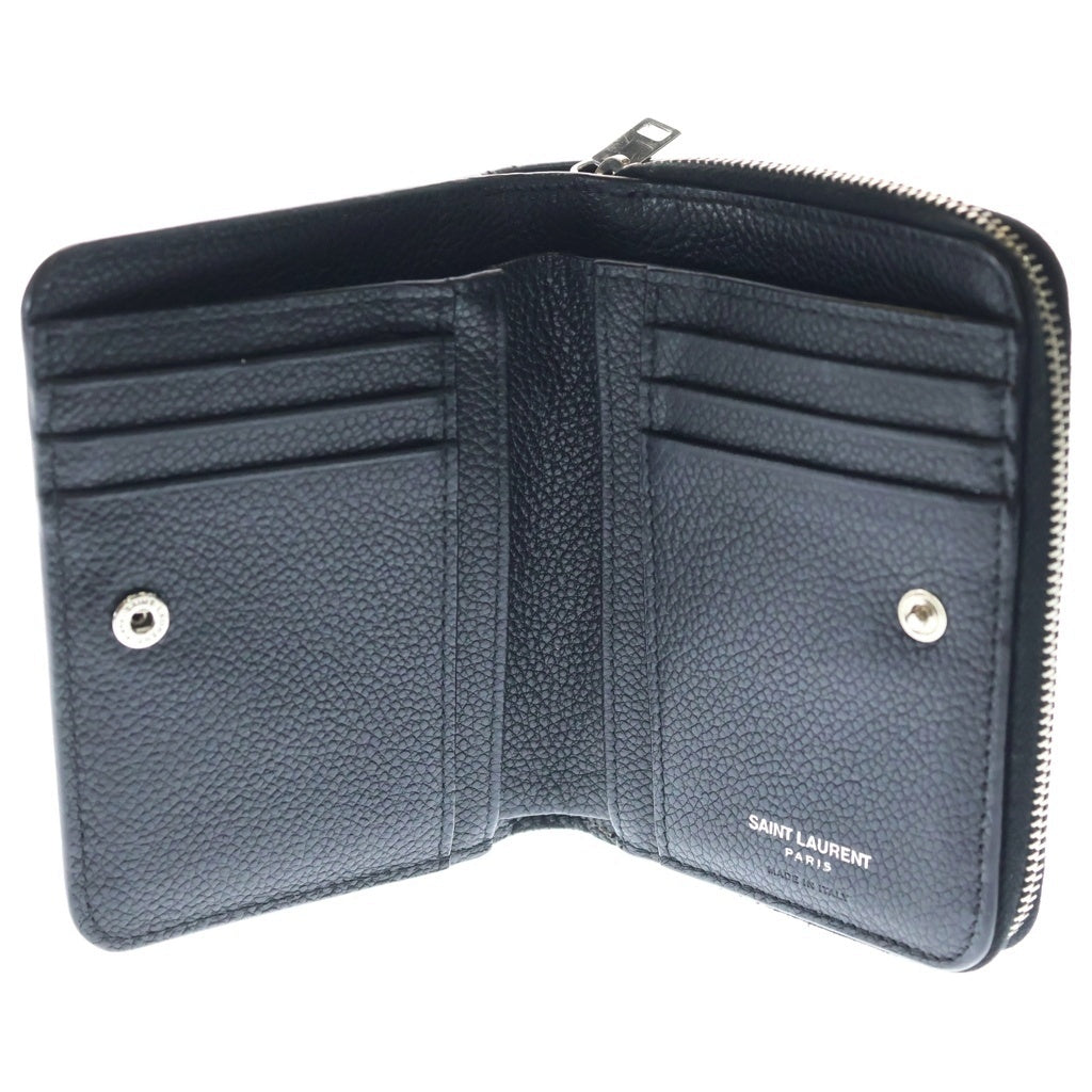 SAINT LAURENT PARIS(サンローランパリ) YSLロゴ シルバー金具 レザー ジップウォレット コンパクトウォレット 二つ折り財布 670285 ブラック レディース