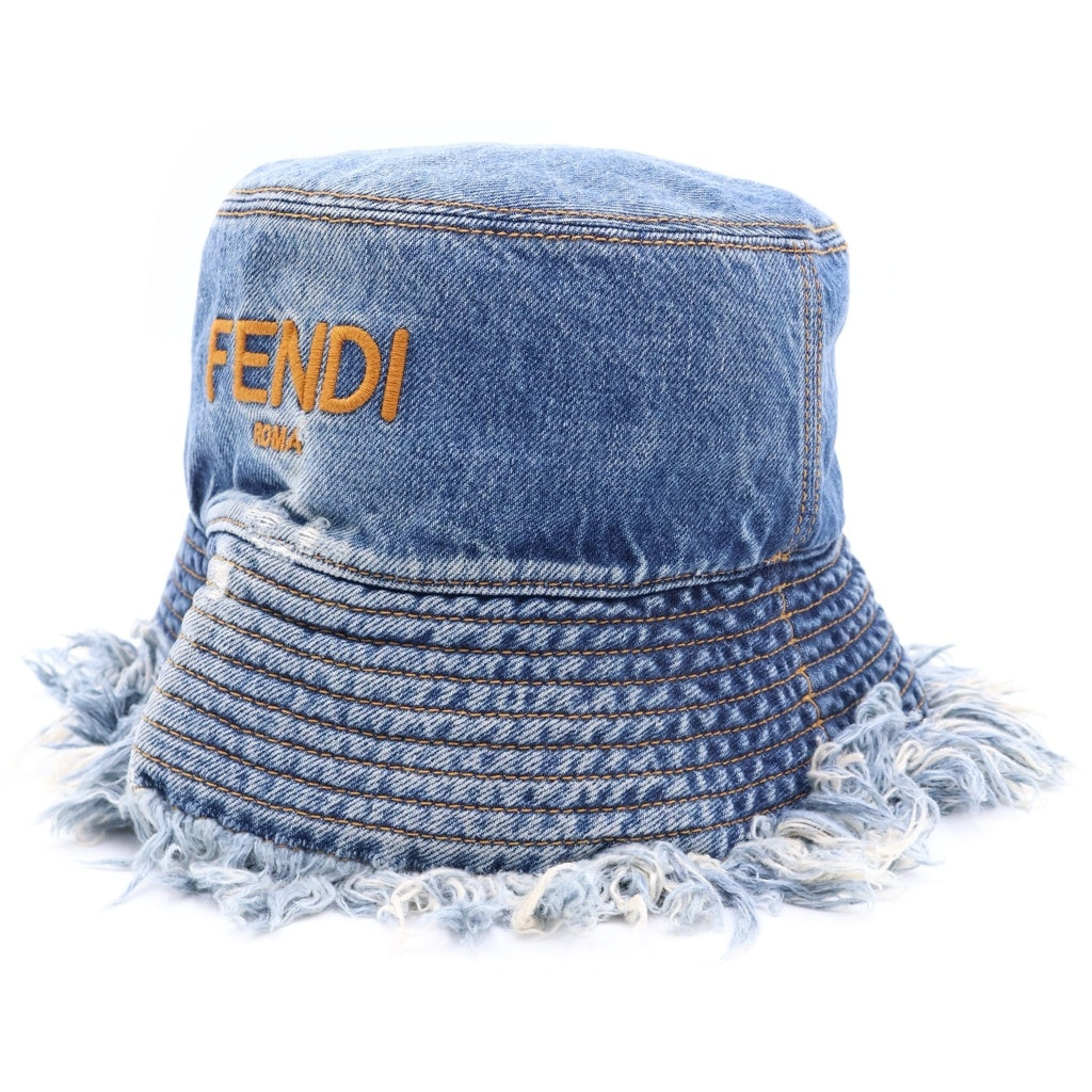 FENDI(フェンディ) ロゴ刺繍 カットオフ デニム フリンジ バケットハット 帽子 インディゴ FXQ963 AN9JS
