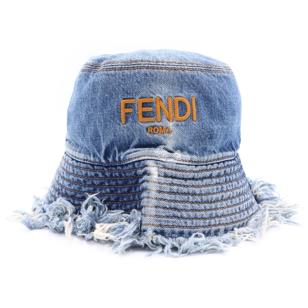 FENDI(フェンディ) ロゴ刺繍 カットオフ デニム フリンジ バケットハット 帽子 インディゴ FXQ963 AN9JS