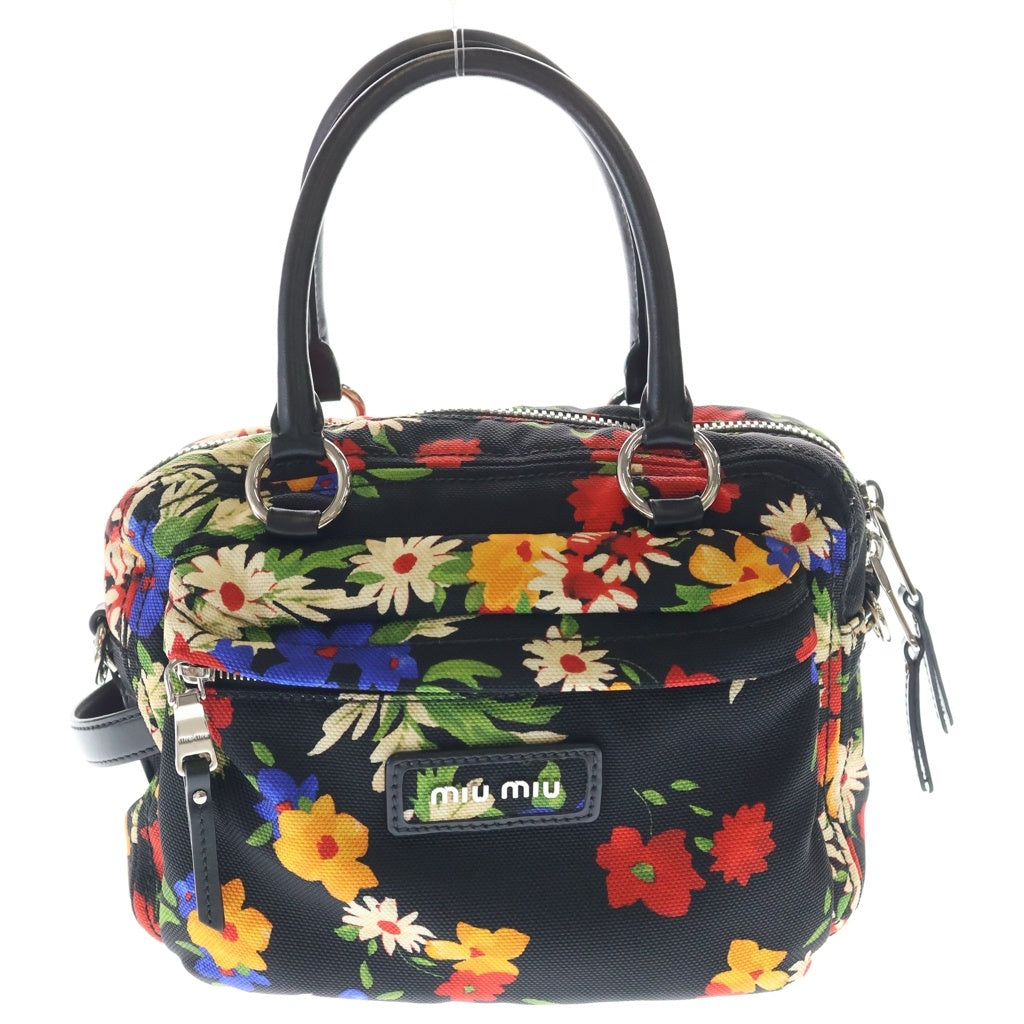 miumiu(ミュウミュウ) フラワープリント 2WAYショルダーバッグ ハンドバッグ ブラック×マルチカラー キャンバス 5BB070 シルバー金具 レディース