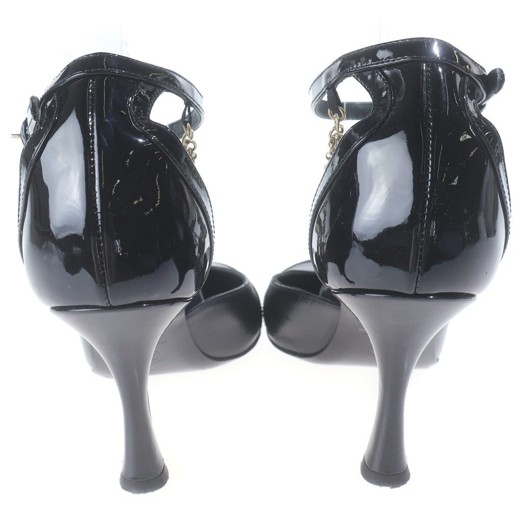 CHANEL(シャネル) アンクルチェーンヒールパンプス チャーム ブラック エナメル×レザー #37 レディース