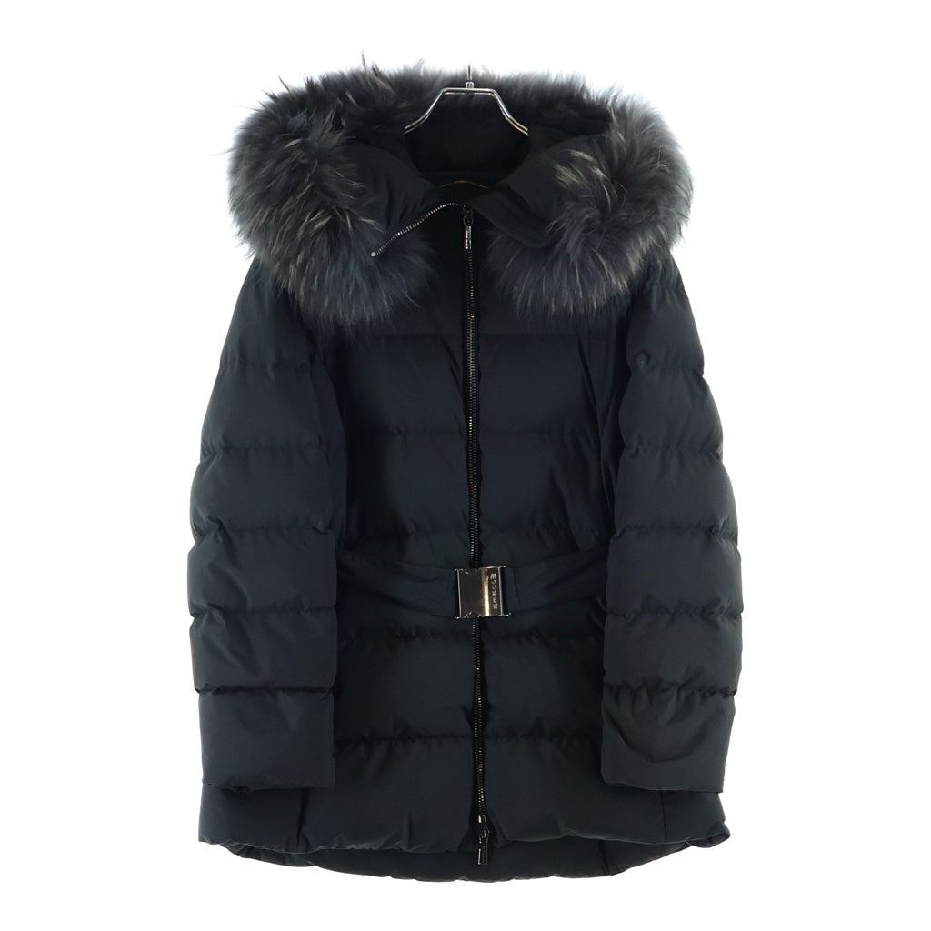 MOORER(ムーレー) AKARI-STP アカリ ファー フーデッド ベルテッド ジップアップ ダウン ロング ジャケット コート ブラック レディース