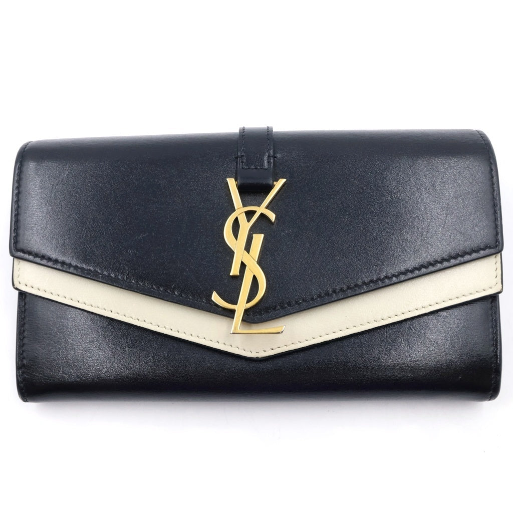 NO BRAND(ノーブランド) YSLロゴ ロングウォレット カードケース 長財布 ブラック×ホワイト レザー ゴールド金具 レディース