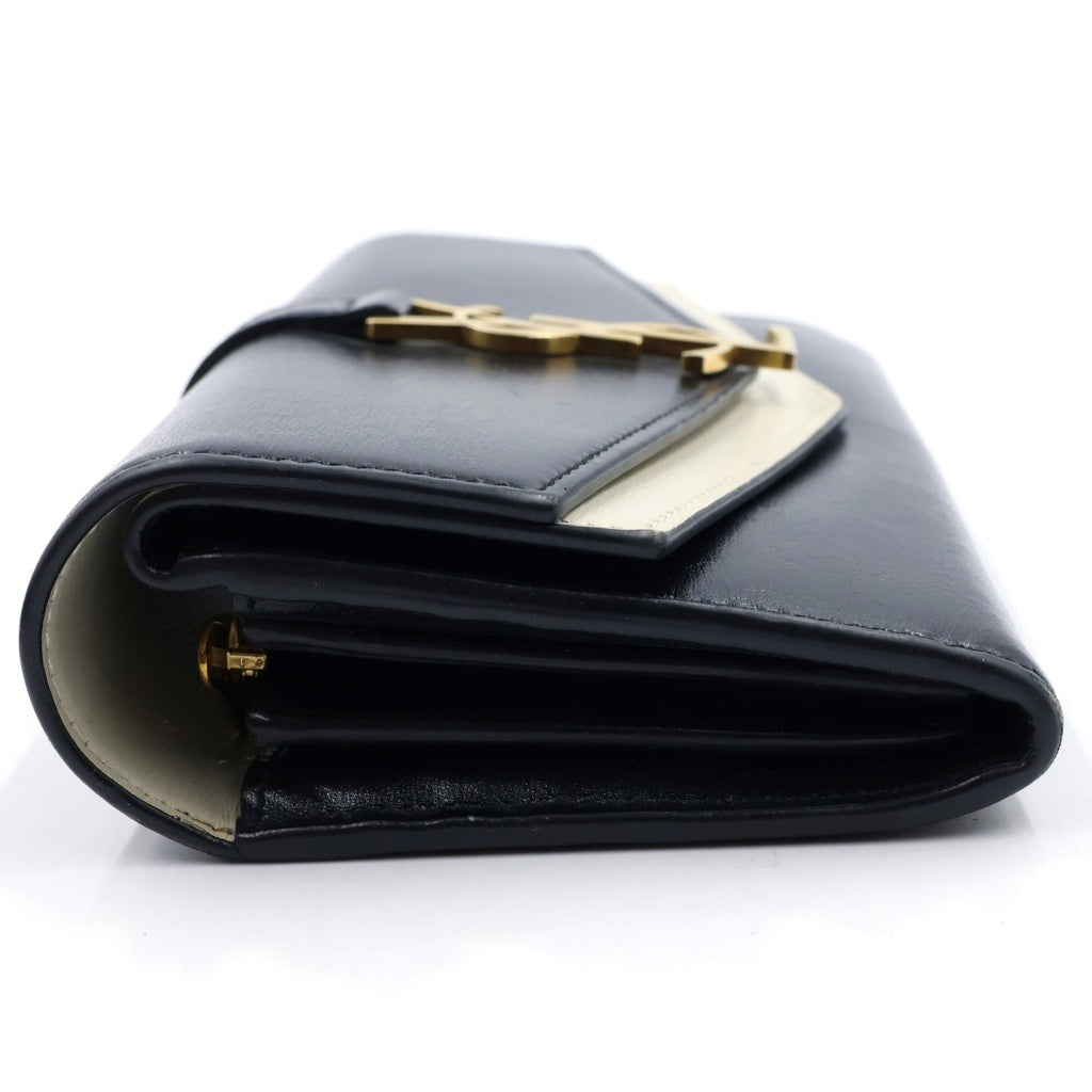 NO BRAND(ノーブランド) YSLロゴ ロングウォレット カードケース 長財布 ブラック×ホワイト レザー ゴールド金具 レディース