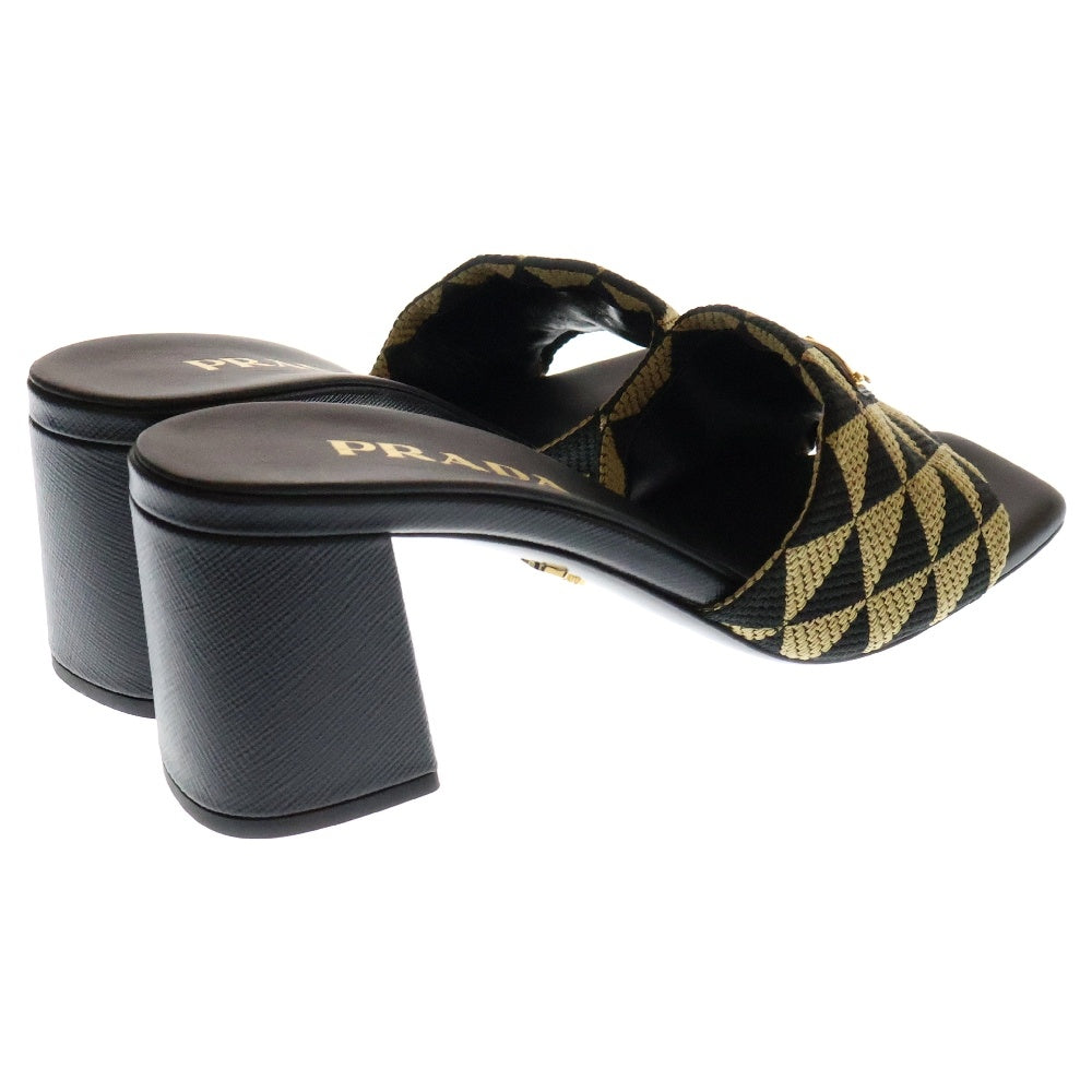 PRADA(プラダ) Embroidered fabric slides エンブロイダリー ファブリック スライド トライアングルロゴプレート サンダル ブラック×ベージュ レザー 1XX637