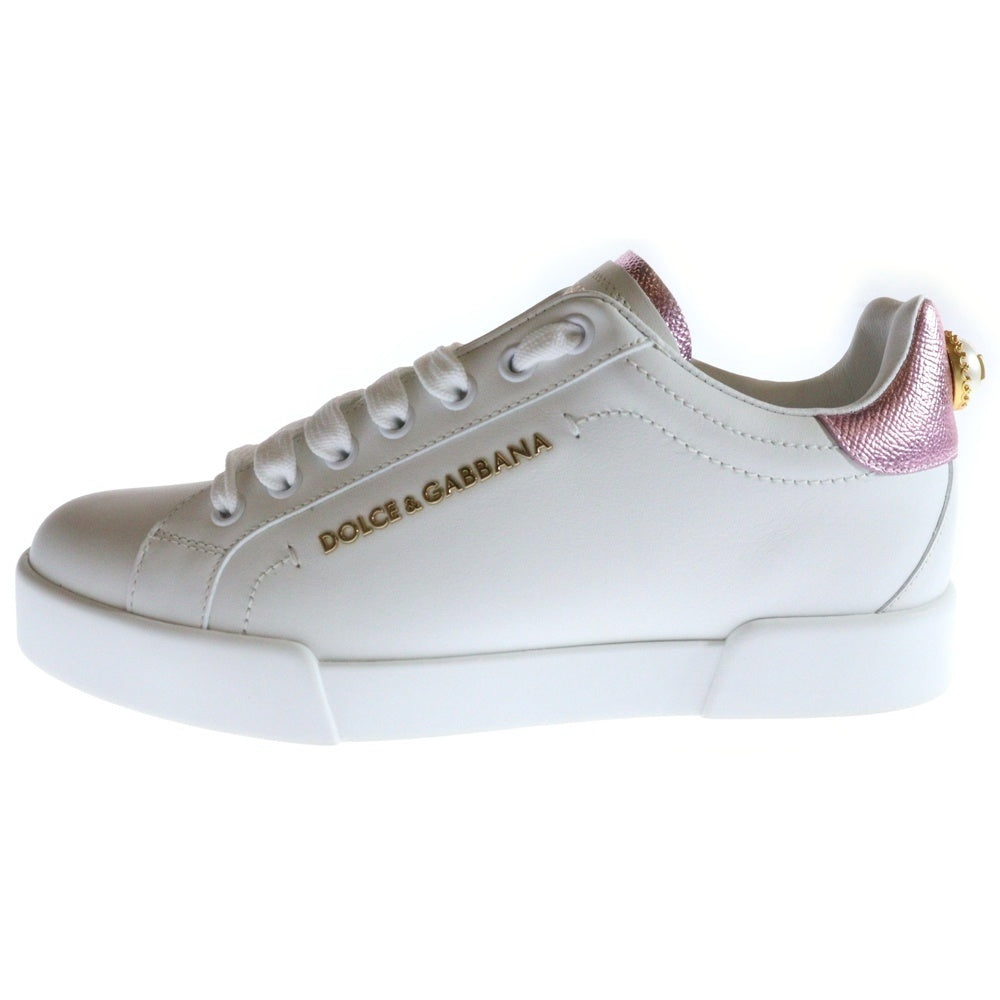 DOLCE & GABBANA(ドルチェアンドガッバーナ) PORTOFINO ポルトフィーノ パールロゴ レザーローカットスニーカー ホワイト×ピンク レディース 38.5/24.5cm