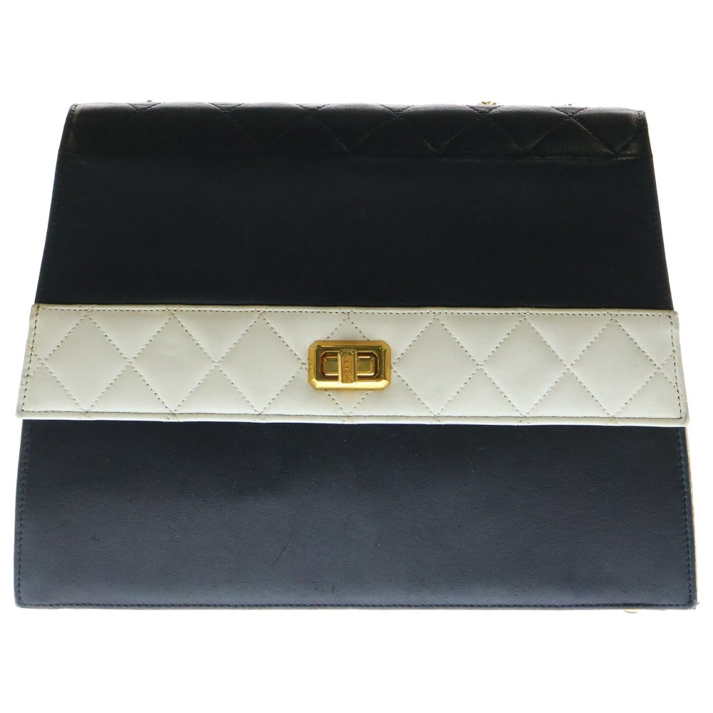 CHANEL(シャネル) マトラッセ2.55 シングルフラップ ダブルチェーン ショルダーバッグ ネイビー ホワイト ラムスキン ゴールド金具